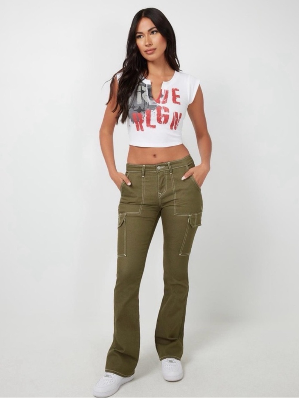 True Religion Olive Green Boot Cut Cargo Jeans